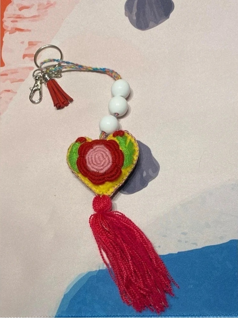 Colorful Heart Tassel Keychain with Floral Embroidery